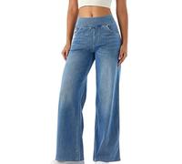 Pantalon Large Femme Fluide ete Pas Cher Jeans Taille Haute Elastique Coupe Droite Jean Femmes Taille Elastique Ultra Confortable Jean Baggy Wide Leg à Jambe Large Coupe Ample Denim Pants