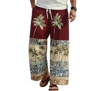 Pantalon Large Homme Coton Lin Imprimés Ethniques Rétro Style Hawaïen Sarouel Homme Taille Élastiquée avec Cordon De Serrage Kimono Japonais Décontracté pour Plage Fête Musulmane De Pâques