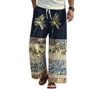 Pantalon Large Homme Coton Lin Imprimés Ethniques Rétro Style Hawaïen Sarouel Homme Taille Élastiquée avec Cordon De Serrage Kimono Japonais Décontracté pour Plage Fête Musulmane De Pâques