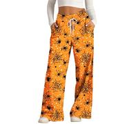 Pantalon large pour femme - Taille haute élastique - Pantalon décontracté - Motif citrouille et chauve-souris - Pantalon de détente léger et confortable - Droit - Baggy - Costume de détente, Orange