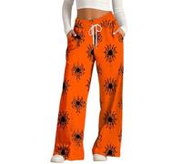 Pantalon large pour femme - Taille haute élastique - Pantalon décontracté - Motif citrouille et chauve-souris - Pantalon de détente léger et confortable - Droit - Baggy - Costume de détente, rouge