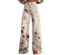 Pantalon large pour femme - Taille haute - Motif - Léger - Coupe ample - Décontracté - Coloré - Imitation jean