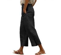 Pantalon Léger Femme Fluide Ete en Lin pour Pantalon Décontracté À Fentes Et Poches Droites pour Femme Couleur Unie en Coton Et Lin Grande Taille Linen Pants Women Large Vetement (Black XXL)