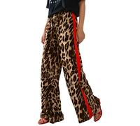 Pantalon Leopard Femme Fluide Large Jambe Taille Haute Yoga Sport Palazzo Taille Elastique Chic Pantalons Décontractés avec Côté latéral Rouge Bande