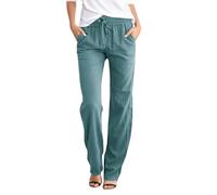 Pantalon Lin Droit - Cordon, uni, élastique, Coton, Long, décontracté/A