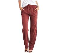 Pantalon Lin Droit - Cordon, uni, élastique, Coton, Long, décontracté/A