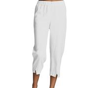Pantalon Lin Femme - Pantalon Fluide Femme éTé 7/8 en Coton Et Lin Taille Elastique Pants DéContracté Ample Coupe Slim Fente InféRieure Pants Detente Chic Elegant avec Poches