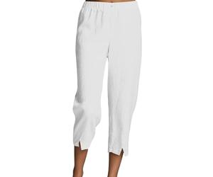 Pantalon Lin Femme - Pantalon Fluide Femme éTé 7/8 en Coton Et Lin Taille Elastique Pants DéContracté Ample Coupe Slim Fente InféRieure Pants Detente Chic Elegant avec Poches