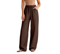 Pantalon Lin Femme Taille Elastique avec Cordon de Serrage, Coupe Baggy Jambe Droite et Poches Latérales, Pantalon Large Fluide Sans Motif, Pantacourt Style Casual pour Vacances, Maison, Sortie