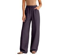 Pantalon Lin Femme Taille Elastique avec Cordon de Serrage, Coupe Baggy Jambe Droite et Poches Latérales, Pantalon Large Fluide Sans Motif, Pantacourt Style Casual pour Vacances, Maison, Sortie