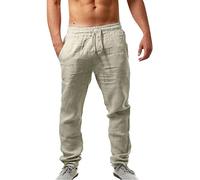 Pantalon Lin Homme Jogging Homme Ample Respirant Léger Multi-Poches Quotidien Été Séchage Rapide Déperlant Résistant Coton (Beige, XL)