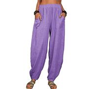 Pantalon Lin Large Femme Coton Grande Taille Fluide Décontracté Pantalon Sarouel Fluide Chic Léger Pantalon Ample d'été pour Femmes Pantalon de Plage avec Poches (Purple, XXXL)