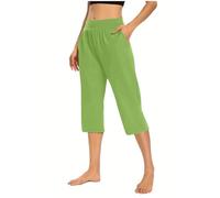 Pantalon Lin Pyjama Femme Coton Large, Short Baggy Taille Elastique 7/8 Pant avec Poches Pants Décontracté Pantacourt Femme Été Pantacourts Yoga Short Léger Shorty Confortable Doux Shorts