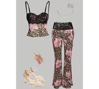 Pantalon long à bretelles spaghetti, avec dentelle contrastante à imprimé léopard. Nouvelle arrivée du printemps pour femmes L,M,S,XLÉtoffe