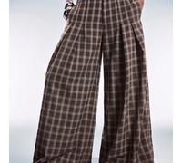 Pantalon long à jambes larges, ample et flatteur, design plissé à carreaux, style rétro moderne polyvalent, décontracté pour le trajet, Old Money des années 1960, marron à carreaux, automne, bureau L,