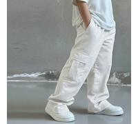 Pantalon long ample à jambe droite avec poches cargo, décontracté, confortable pour usage quotidien, pour garçon préadolescent, blanc, convient pour les sorties, l'école, les saisons printemps, été, a
