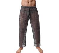Pantalon Long avec Cordon de Serrage,Long Caleçon Sexy en Maille Transparente,Pantalon en Résille pour Homme,Pyjama Sexy en Maille Ajourée,Gris,L
