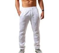 Pantalon long décontracté en coton et lin pour homme, coupe ample, léger, hippie, été, plage, yoga, pantalon de pyjama confortable avec poches, blanc, 36-41