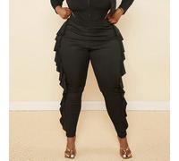 Pantalon long élégant et branché à texture piquée, détails de volants fendus sur le côté avec patchwork et coupe ajustée pour femmes de grande taille pour soirées et occasions spéciales 0XL,1XL,2XL,3X