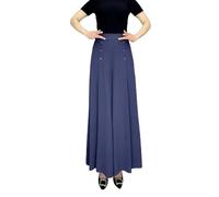 Pantalon long élégant taille haute à double boutonnage pour femme - Coupe ample - Plissé fluide, bleu marine, 52