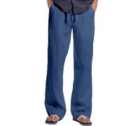 Pantalon long en lin et coton pour homme - Pantalon de loisirs léger - Coupe ample - Avec cordon de serrage - Pantalon de plage décontracté - Couleur unie - Pantalon d'été pour homme, bleu, XL