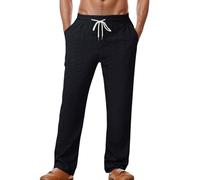 Pantalon long en lin pour homme - Pantalon d'été léger avec structure gaufrée - Respirant - Taille élastique - Cordon de serrage - Coupe droite - Aspect lin - Pantalon en tissu uni - Jambe large, #001