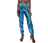 Pantalon métallique brillant pour femme - Aspect mouillé - Pantalon cargo - Hologramme Hip Hop - Legging de jogging - Pantalon de danse - Disco - Clubwear, bleu, XL