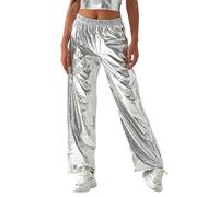 Pantalon métallique brillant pour femme avec taille élastique - Pantalon long décontracté - Look uni - Legging pour femme, Argenté., L