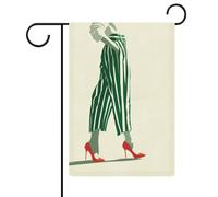Pantalon minimaliste rayé vert blanc talons rouges drapeau de jardin saisonnier vacances toile de jute double face maison cour drapeaux extérieurs 32 x 47 cm