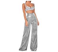 Pantalon Noir Long et Ample à Paillettes pour Femmes Pantalon à Taille Haute et à Jambe Large Clubwear Disco Pantalon Flare Ample à Jambe Large Pantalon de fête (Argent,M)