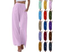 Pantalon Palazzo à jambe large pour femme - Pantalon long léger et respirant avec poches - Couleur unie - Pantalon ample en bambou décontracté - Taille élastique, rose, M