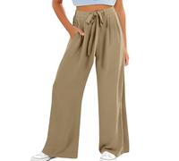 Pantalon palazzo ample en coton et lin avec cordon de serrage taille haute et poches pour petites filles - Pantalon long ample pour la plage, les voyages, les vacances, kaki, 13-14 ans