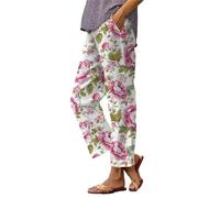 Pantalon Palazzo en lin pour femme - Imprimé floral - Pantalon court en lin - Pantalon droit taille haute - Taille élastique - Coupe ample - Pantalon d'été confortable avec poches, rose, XL