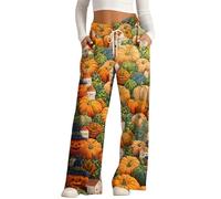 Pantalon Palazzo pour femme - Jambe large - Pantalon d'Halloween - Léger - Baggy Jogging Yoga - Taille haute - Lounge & Activewear - Funny Pumpkin Ghost Graphic Rave Fashion Bottoms with Pockets