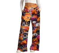 Pantalon Palazzo pour femme - Jambe large - Pantalon d'Halloween - Léger - Baggy Jogging Yoga - Taille haute - Lounge & Activewear - Funny Pumpkin Ghost Graphic Rave Fashion Bottoms with Pockets