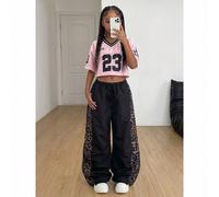 Pantalon parachute ample noir pour filles préadolescentes, style streetwear d'été, preppy, vintage hippie, patchwork léopard, pour les jours de match 7Y,8Y,9Y,10Y,11Y,12Y,13YLettres,Motif texturéPolye