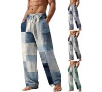 Pantalon patchwork en lin pour homme - Coupe ample - Mini pantalon à carreaux hippie - Pantalon d'extérieur respirant - Pantalon de vacances - Pantalon de vacances - Pantalon de vacances - Pantalon