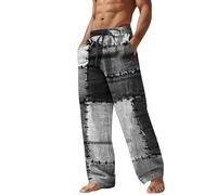 Pantalon patchwork en lin pour homme - Style vintage - Coupe droite - Style hippie - Pantalon de parachute - Pantalon de yoga respirant - Couleurs contrastées - Pantalon de détente et de marche