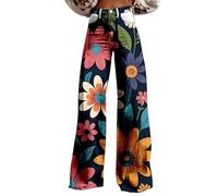 Pantalon Patte D'elephant Femme Pantalon à Jambes Larges pour Femmes, imprimé Floral Vintage, Taille Haute, Droit, Extensible, avec Poches Les Vetement pour Femme Vetement Fete Femme (Navy, S)