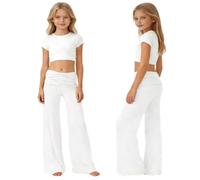 Pantalon pliant corail pour filles - Leggings de yoga pliants pour adolescentes Y2K - Jambe large taille froncée - Joggeurs enfants - Pantalon palazzo évasé - Pantalon tendance plissé école