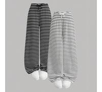 Pantalon pour adolescente fille 2pcs Printemps/Été Nouveau Noir & Blanc Tricot Côtelé Côtelé Cordon de serrage Décontracté Polyvalent Tout-Match Pantalon Long, Ensemble de Pantalons Confortables (2pcs