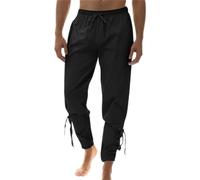 Pantalon pour homme avec bande de cheville et cordon de serrage - Taille élastique - Pantalon médiéval viking pirate vintage Renaissance gothique pour Halloween, noir, Taille 3XL