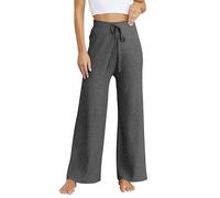 Pantalon pull décontracté en tricot côtelé pour femme - Taille élastique - Cordon de serrage - Jambe large - Pantalon de pyjama Palazzo uni et confortable - Longueur complète - Pour le travail de