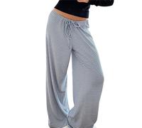 Pantalon rayé à jambes larges pour femme - Pantalon de pyjama bas élastique avec cordon de serrage - Confortable - Extensible - Cordon de serrage - Pantalon long pour femme
