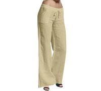 Pantalon rembourré Femme Élastique Solide Coton Longue Chaîne de Dessin Femmes Taille Jambe Lin Trous Pantalon Femmes Bleu, beige, XXL