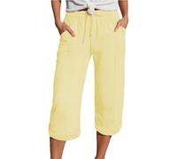 Pantalon Salon Scrunch Femme Taille Elastique 7/8, Pantalon Décontracté Grande Taille Pantacourt Femme Été Droit Ronde Jambe Largeur Cordon De Serrage Deux Poches Coupe Coton Maison Confort Pants