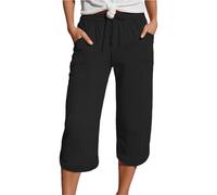 Pantalon Salon Scrunch Femme Taille Elastique 7/8, Pantalon Décontracté Grande Taille Pantacourt Femme Été Droit Ronde Jambe Largeur Cordon De Serrage Deux Poches Coupe Coton Maison Confort Pants