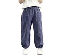 Pantalon sarouel baggy en lin pour garçons - Taille élastique - Rayé - Pour la randonnée, l'athlétisme, le jogging, le travail, l'école, le sport - Pantalon d'été, bleu, 5-6 ans