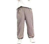 Pantalon sarouel baggy en lin pour garçons - Taille élastique - Rayé - Pour la randonnée, l'athlétisme, le jogging, le travail, l'école, le sport - Pantalon d'été, kaki, 4-5 ans