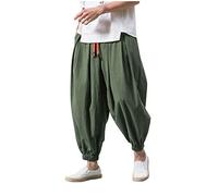 Pantalon sarouel baggy pour homme - Couleur unie - En coton et lin - Décontracté - Long - Léger et respirant - Pantalon de loisirs - Pantalon baggy chinois, Vert armée., XL